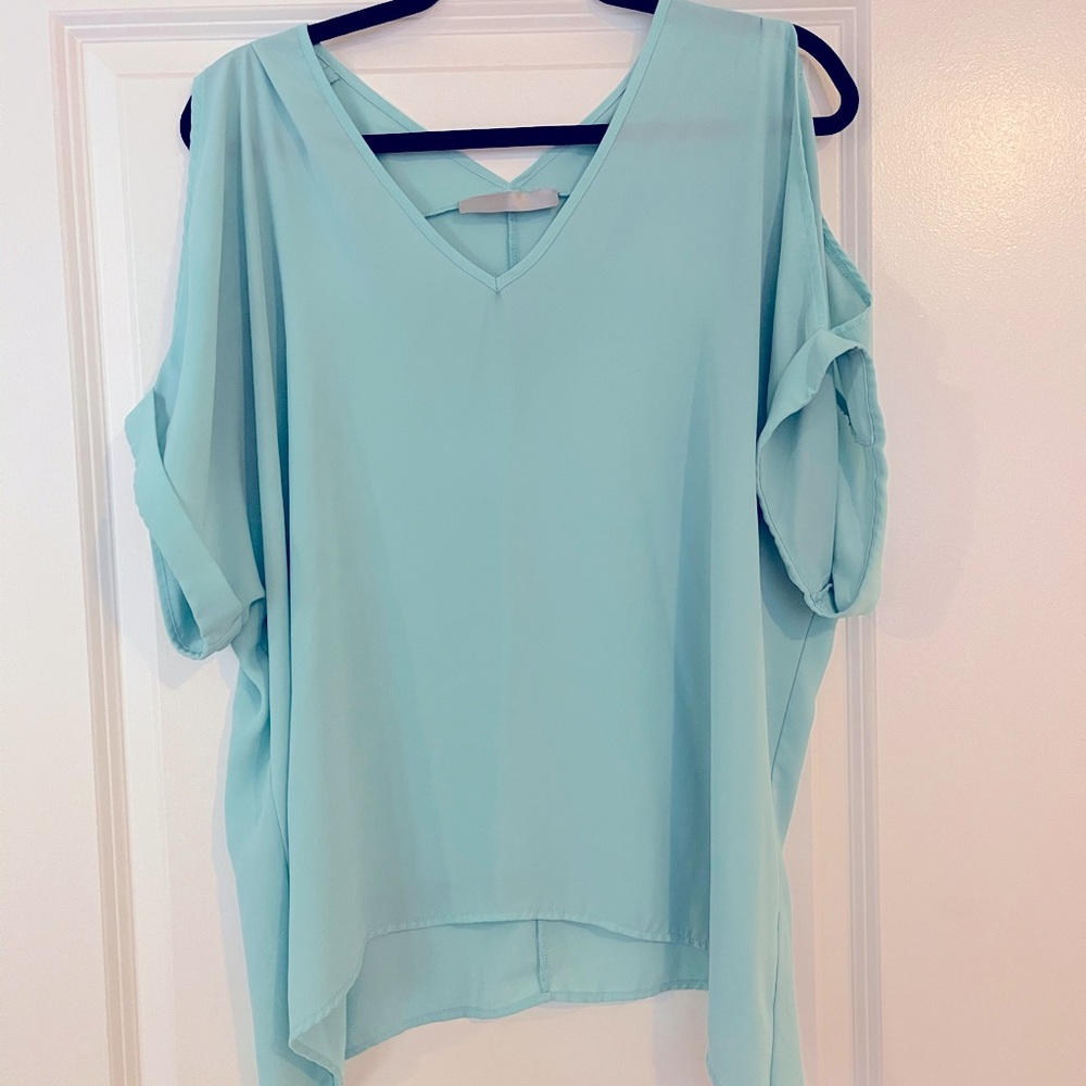 Aqua oversized blue blouse with exposed shoulder